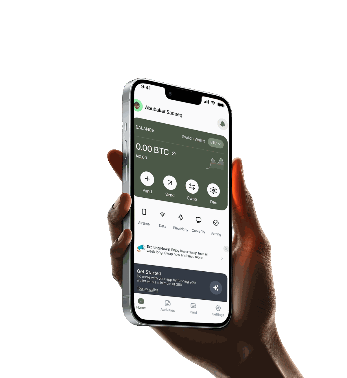 The Greatiby app held in a hand, showing a wallet balance and quick actions